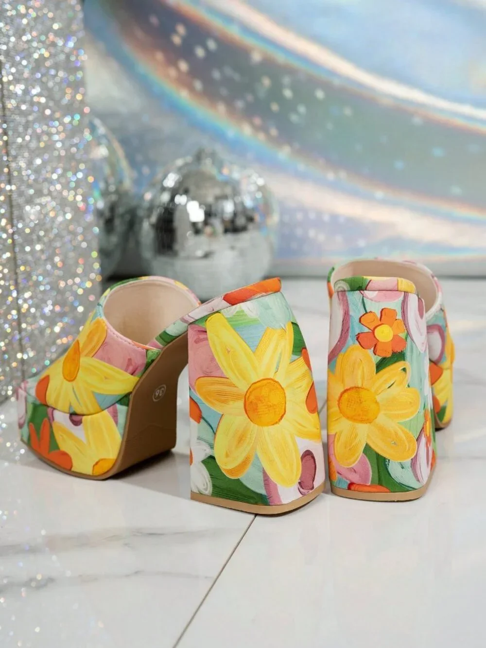 Multicolor Casual Women's High Heel Sandals with Tropical Print